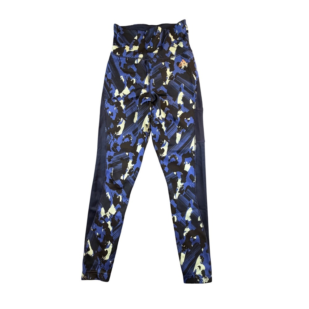 Adidas Womens High Rise Graphic Leggings Blue Yellow Abstract Tights XS 1549